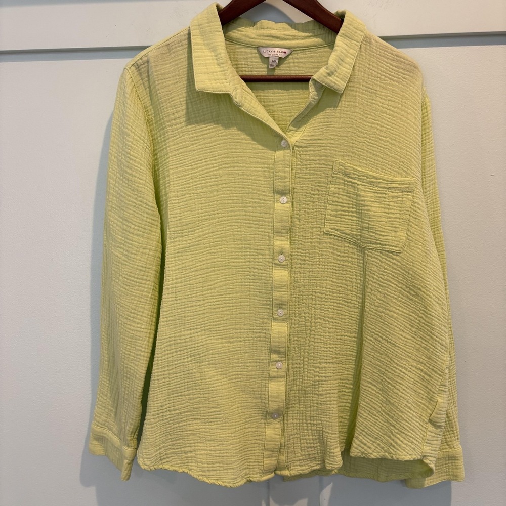 Lucky Brand Shirt Womens Large Light Green Cotton Gauze Button Front Long Sleeve